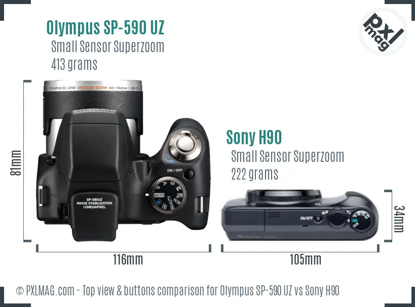 Olympus SP-590 UZ vs Sony H90 top view buttons comparison