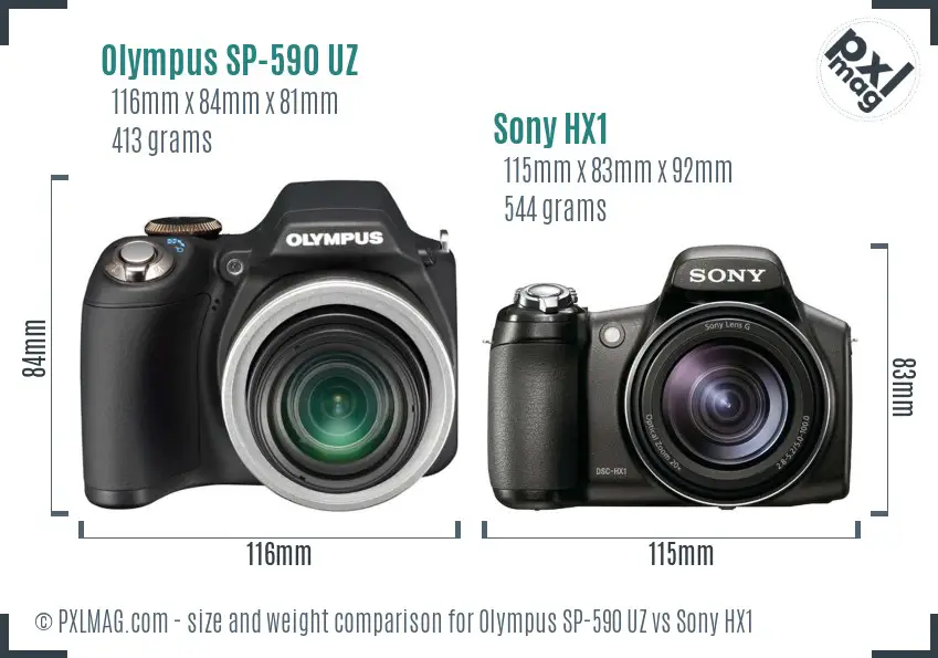 Olympus SP-590 UZ vs Sony HX1 size comparison