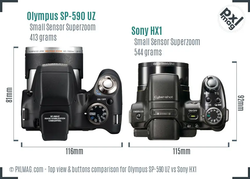 Olympus SP-590 UZ vs Sony HX1 top view buttons comparison
