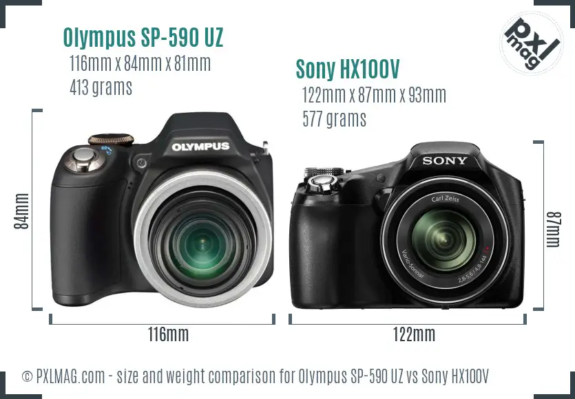 Olympus SP-590 UZ vs Sony HX100V size comparison
