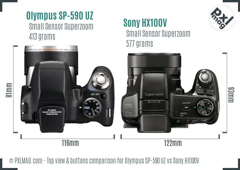 Olympus SP-590 UZ vs Sony HX100V top view buttons comparison