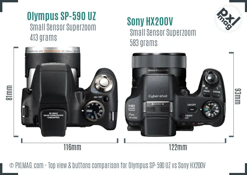 Olympus SP-590 UZ vs Sony HX200V top view buttons comparison
