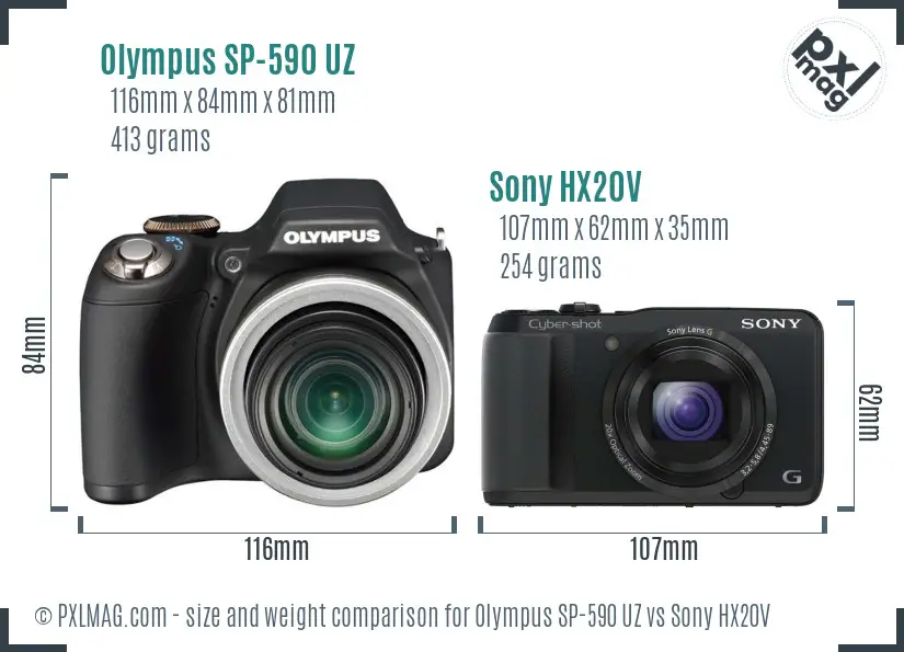 Olympus SP-590 UZ vs Sony HX20V size comparison