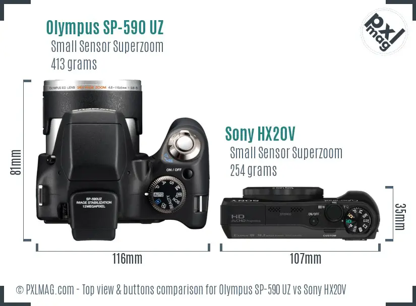 Olympus SP-590 UZ vs Sony HX20V top view buttons comparison