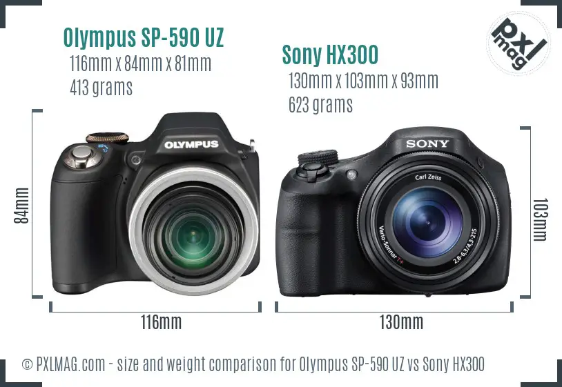 Olympus SP-590 UZ vs Sony HX300 size comparison