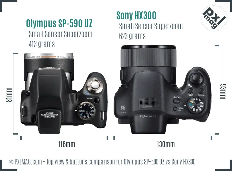 Olympus SP-590 UZ vs Sony HX300 top view buttons comparison