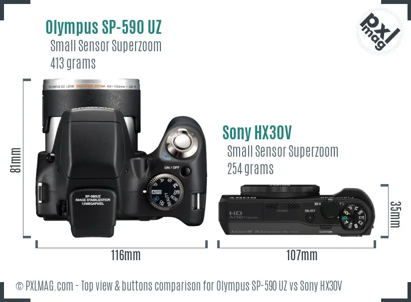 Olympus SP-590 UZ vs Sony HX30V top view buttons comparison