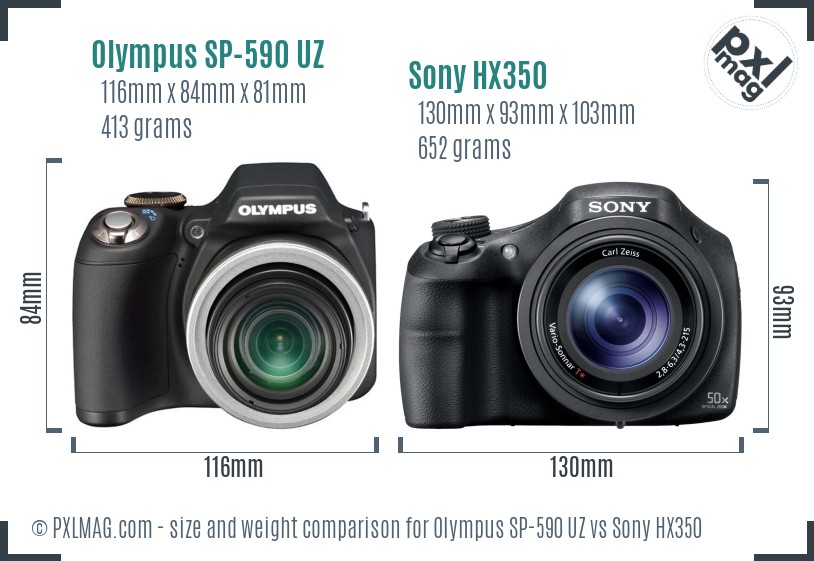 Olympus SP-590 UZ vs Sony HX350 size comparison