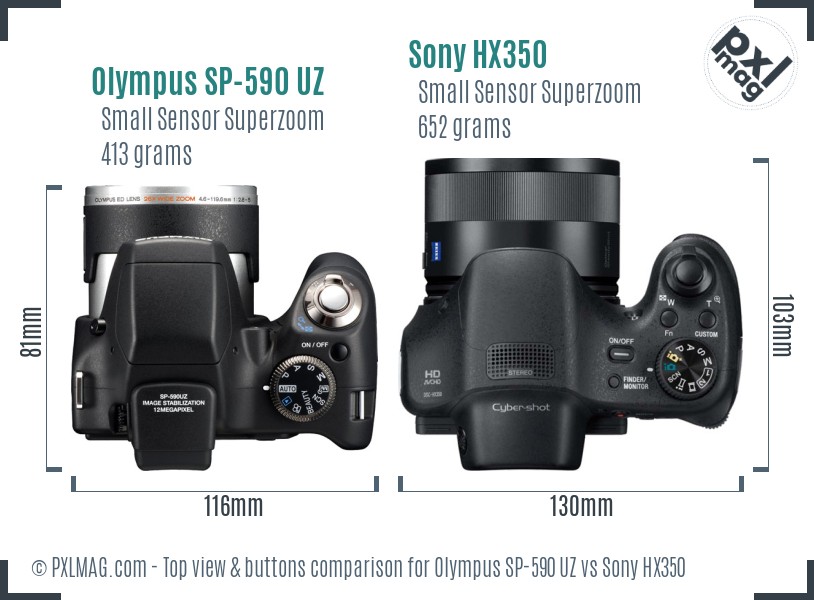 Olympus SP-590 UZ vs Sony HX350 top view buttons comparison