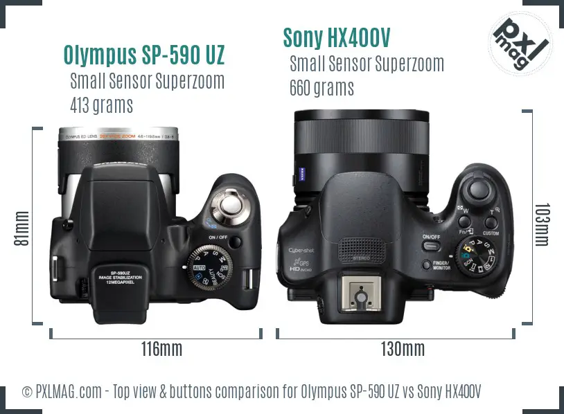 Olympus SP-590 UZ vs Sony HX400V top view buttons comparison