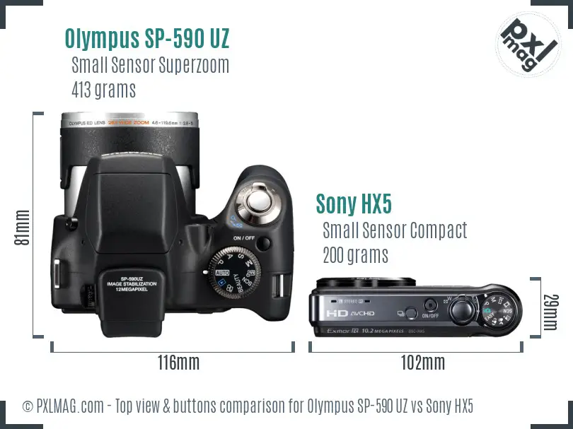 Olympus SP-590 UZ vs Sony HX5 top view buttons comparison
