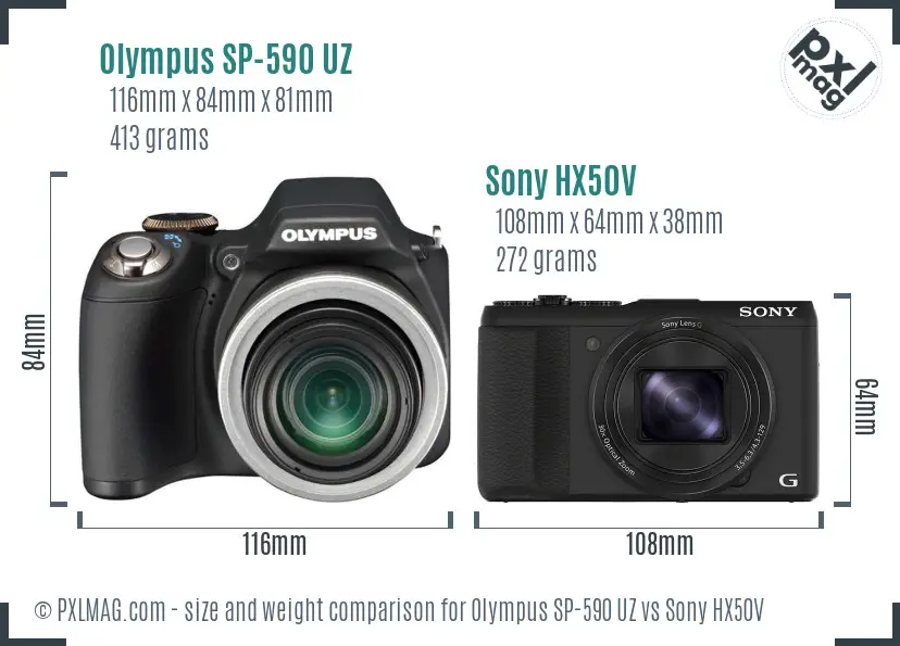 Olympus SP-590 UZ vs Sony HX50V size comparison Olympus SP-590 UZ vs Sony HX50V size comparison