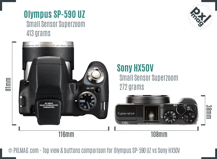 Olympus SP-590 UZ vs Sony HX50V top view buttons comparison Olympus SP-590 UZ vs Sony HX50V top view buttons comparison