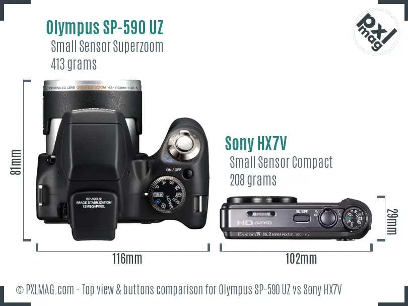 Olympus SP-590 UZ vs Sony HX7V top view buttons comparison