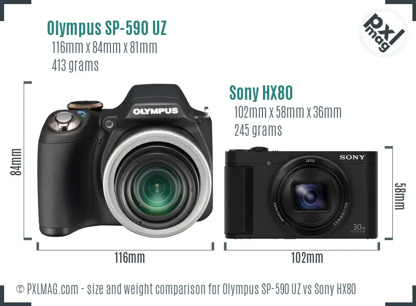 Olympus SP-590 UZ vs Sony HX80 size comparison