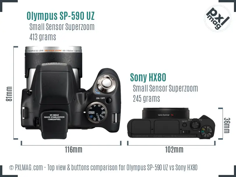 Olympus SP-590 UZ vs Sony HX80 top view buttons comparison