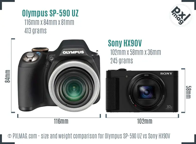 Olympus SP-590 UZ vs Sony HX90V size comparison