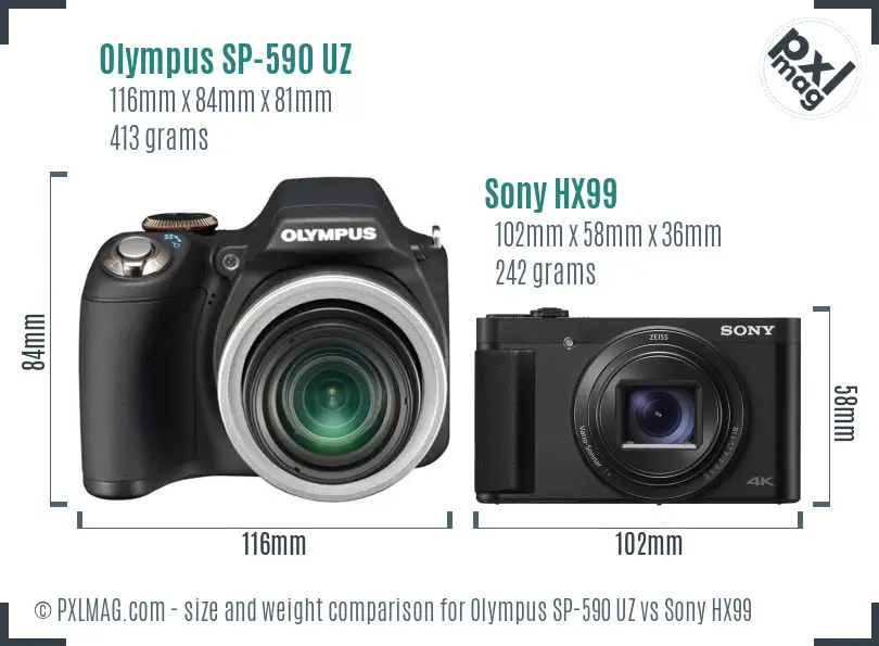 Olympus SP-590 UZ vs Sony HX99 size comparison