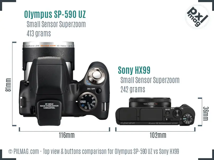 Olympus SP-590 UZ vs Sony HX99 top view buttons comparison