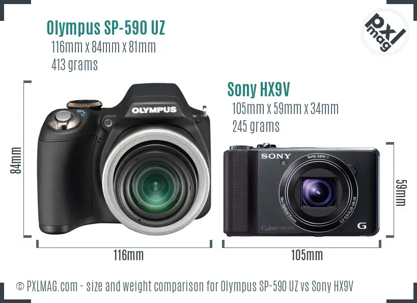 Olympus SP-590 UZ vs Sony HX9V size comparison