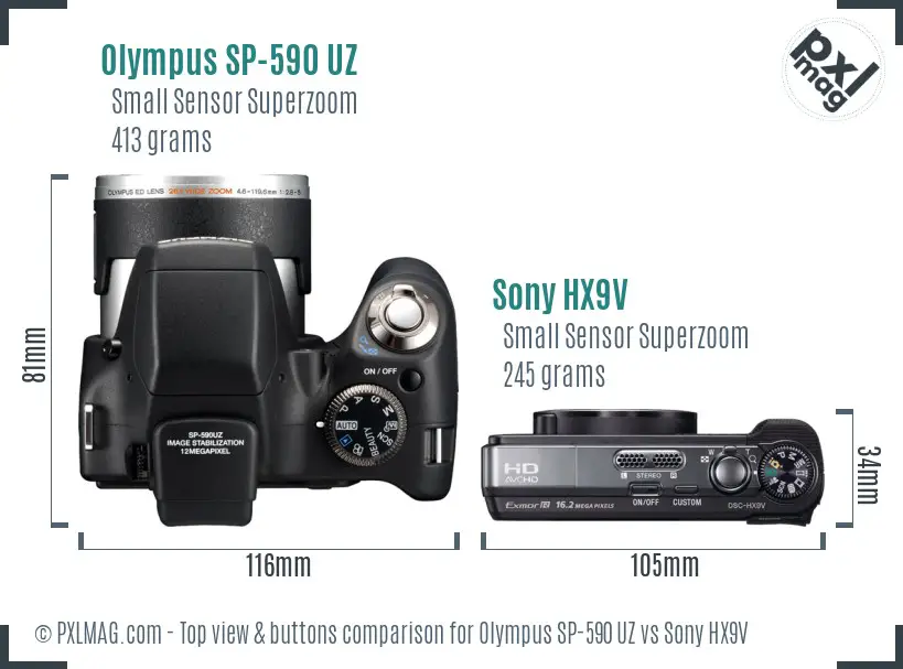 Olympus SP-590 UZ vs Sony HX9V top view buttons comparison