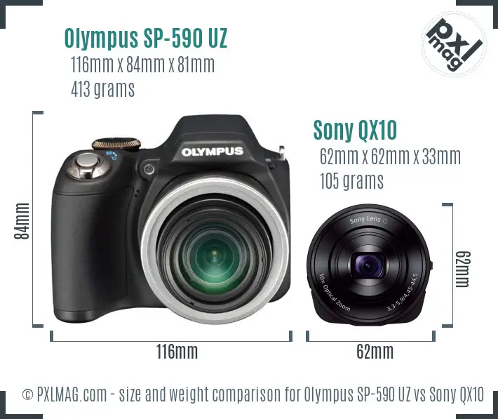 Olympus SP-590 UZ vs Sony QX10 size comparison