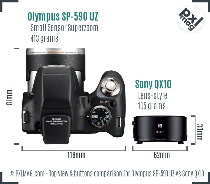 Olympus SP-590 UZ vs Sony QX10 top view buttons comparison