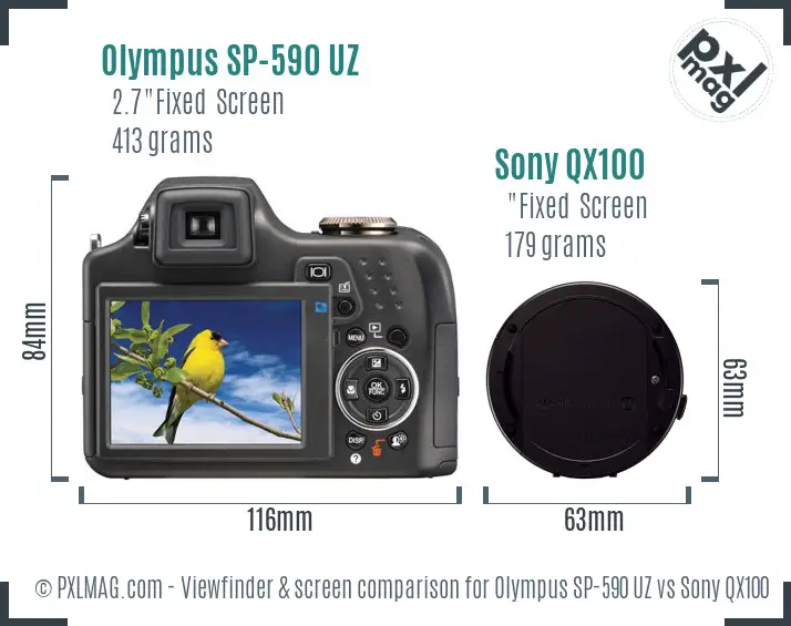 Olympus SP-590 UZ vs Sony QX100 Screen and Viewfinder comparison