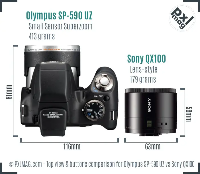 Olympus SP-590 UZ vs Sony QX100 top view buttons comparison