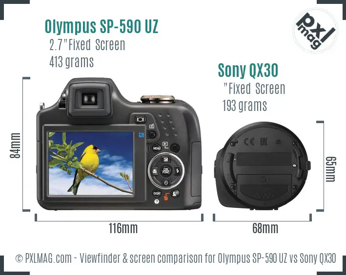 Olympus SP-590 UZ vs Sony QX30 Screen and Viewfinder comparison