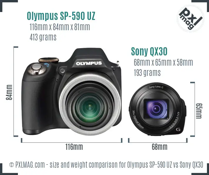 Olympus SP-590 UZ vs Sony QX30 size comparison