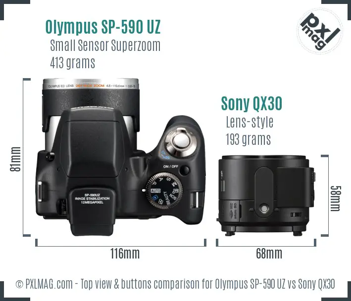 Olympus SP-590 UZ vs Sony QX30 top view buttons comparison