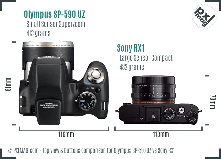 Olympus SP-590 UZ vs Sony RX1 top view buttons comparison Olympus SP-590 UZ vs Sony RX1 top view buttons comparison