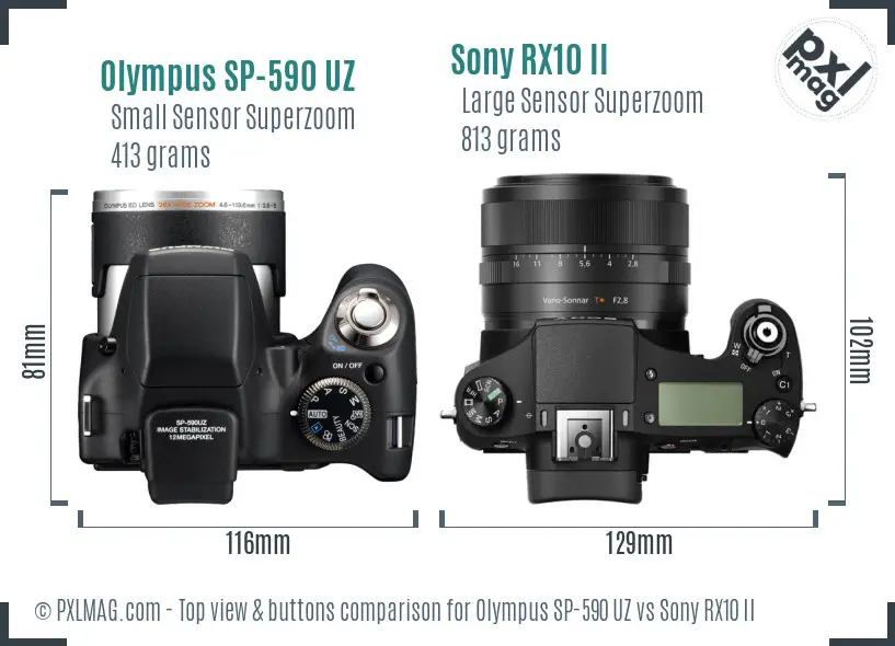 Olympus SP-590 UZ vs Sony RX10 II top view buttons comparison