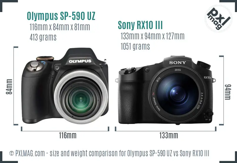 Olympus SP-590 UZ vs Sony RX10 III size comparison