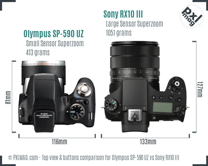Olympus SP-590 UZ vs Sony RX10 III top view buttons comparison