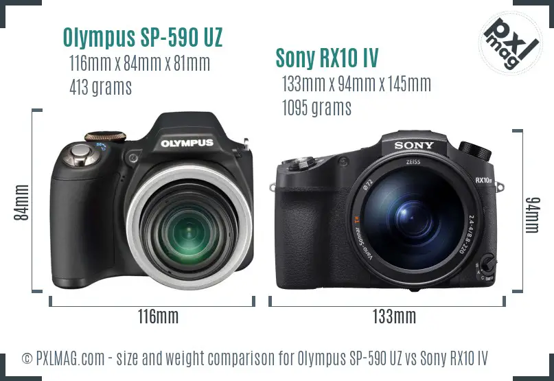 Olympus SP-590 UZ vs Sony RX10 IV size comparison