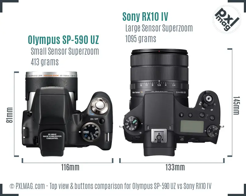 Olympus SP-590 UZ vs Sony RX10 IV top view buttons comparison