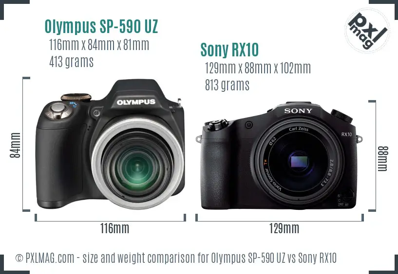 Olympus SP-590 UZ vs Sony RX10 size comparison