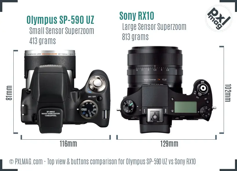 Olympus SP-590 UZ vs Sony RX10 top view buttons comparison