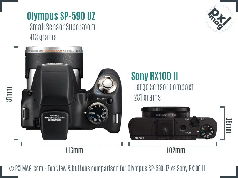Olympus SP-590 UZ vs Sony RX100 II top view buttons comparison