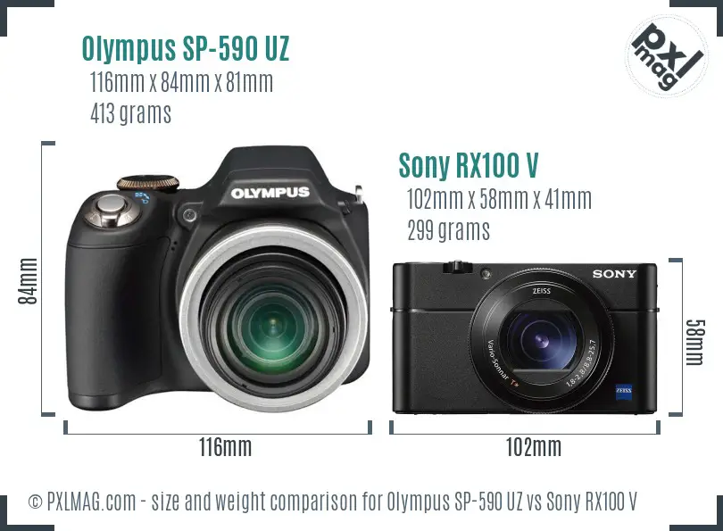 Olympus SP-590 UZ vs Sony RX100 V size comparison