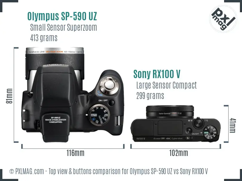 Olympus SP-590 UZ vs Sony RX100 V top view buttons comparison