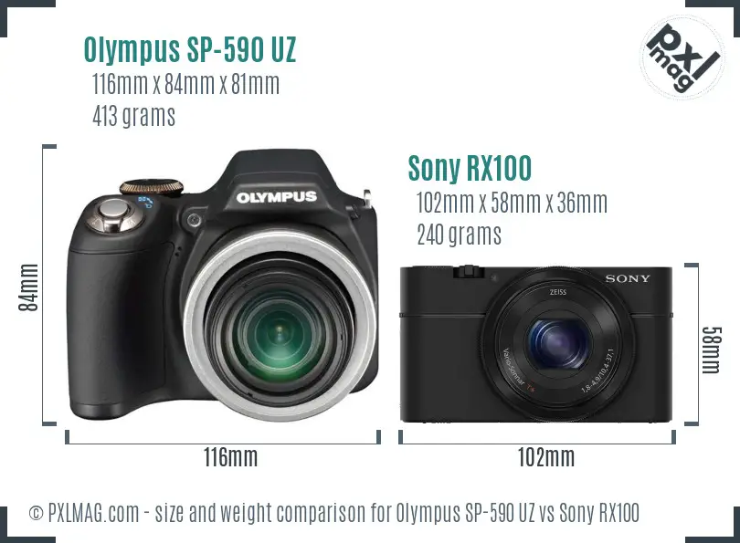 Olympus SP-590 UZ vs Sony RX100 size comparison