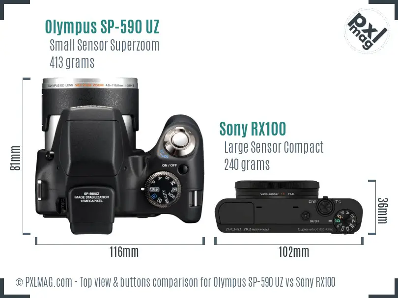 Olympus SP-590 UZ vs Sony RX100 top view buttons comparison