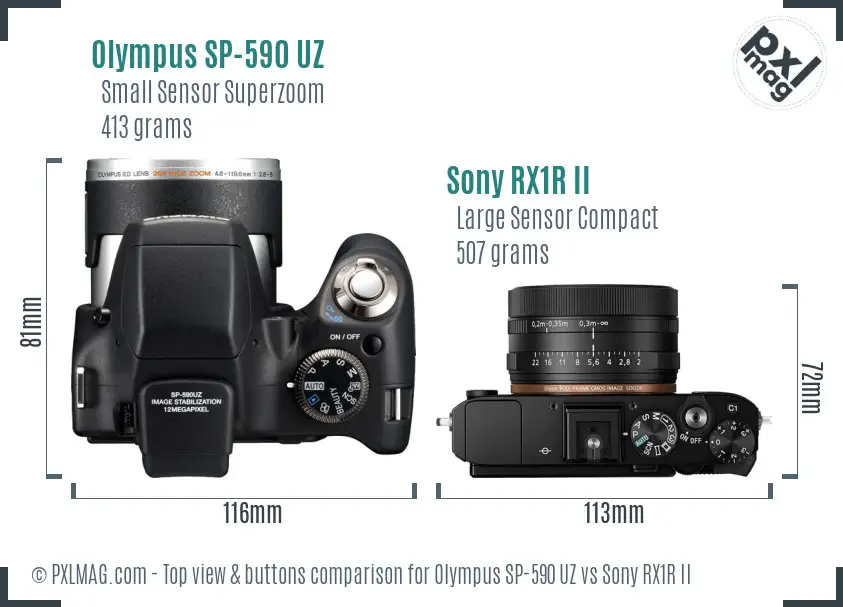 Olympus SP-590 UZ vs Sony RX1R II top view buttons comparison
