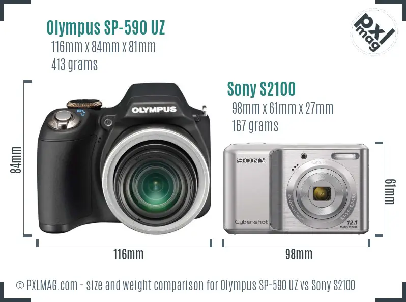 Olympus SP-590 UZ vs Sony S2100 size comparison