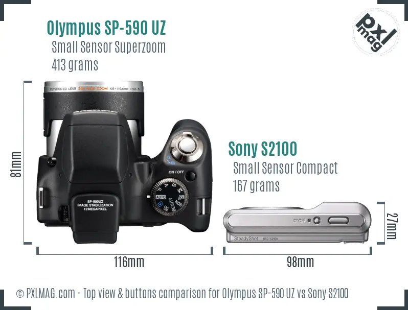 Olympus SP-590 UZ vs Sony S2100 top view buttons comparison