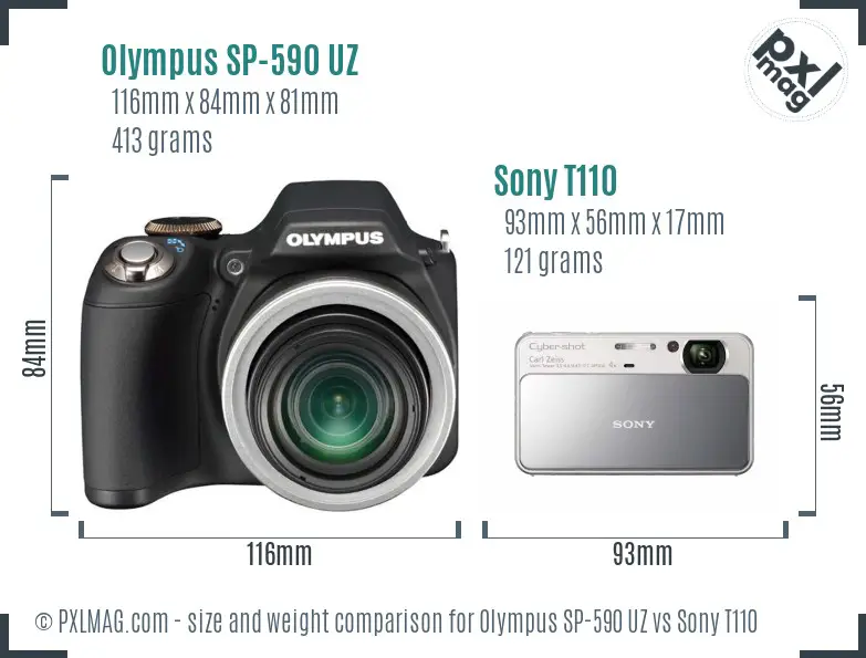 Olympus SP-590 UZ vs Sony T110 size comparison