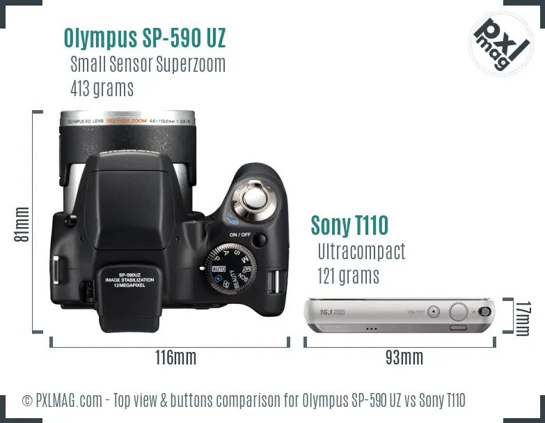 Olympus SP-590 UZ vs Sony T110 top view buttons comparison